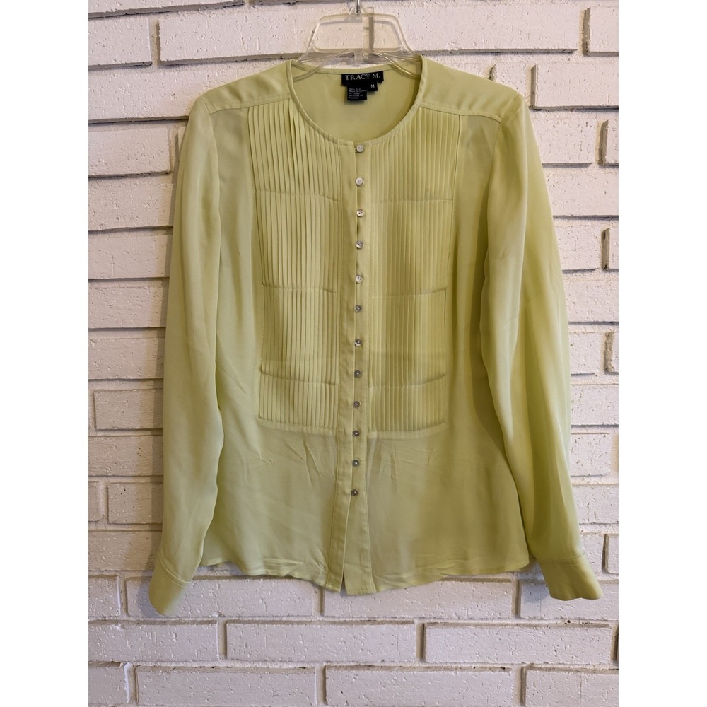 Tracy M. 100% Silk Lime Green Sheer Button Up Blouse Top Size‎ Medium
